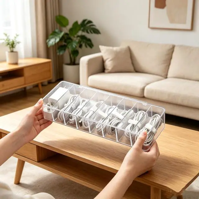 Alt view image 2 of 6 - cord organizer box, 10.2 x 3.5 x 2.2in, Desktop Cord Organizer with Compartments (1)
