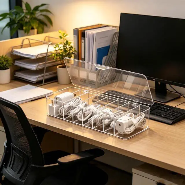 Alt view image 5 of 6 - cord organizer box, 10.2 x 3.5 x 2.2in, Desktop Cord Organizer with Compartments (1)