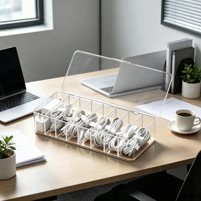 Alt view image 4 of 6 - cord organizer box, 10.2 x 3.5 x 2.2in, Desktop Cord Organizer with Compartments (1)