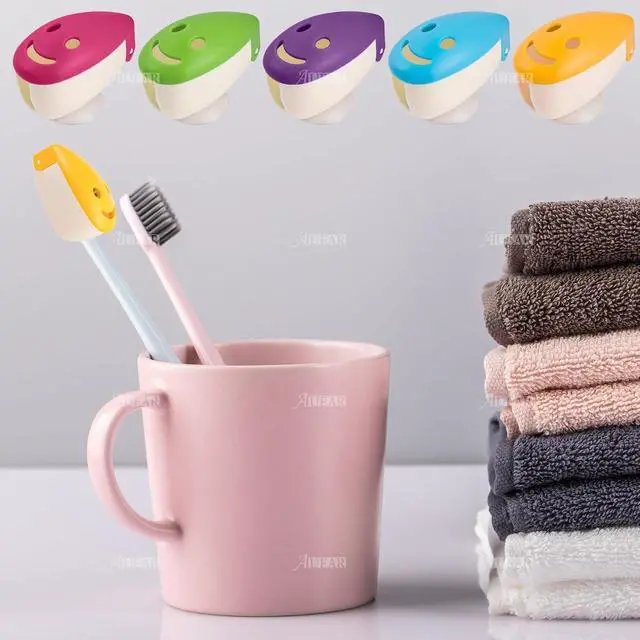 Alt view image 7 of 7 - AUEAR, 5 Pack Happy FaceToothbrush Holder Cover Case Cap with Suction Cup for Travel 5 Colors