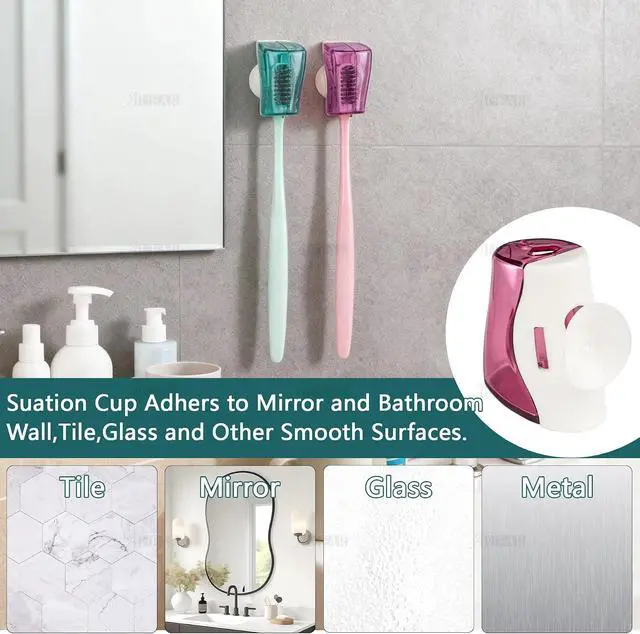 Alt view image 5 of 7 - AUEAR, 3 Pack Toothbrush Head Covers with Suction Cup Anti Dust Wall Mirror Toothbrushes Holder Protective Case for Bathroom Home Travel Outdoor & Camping