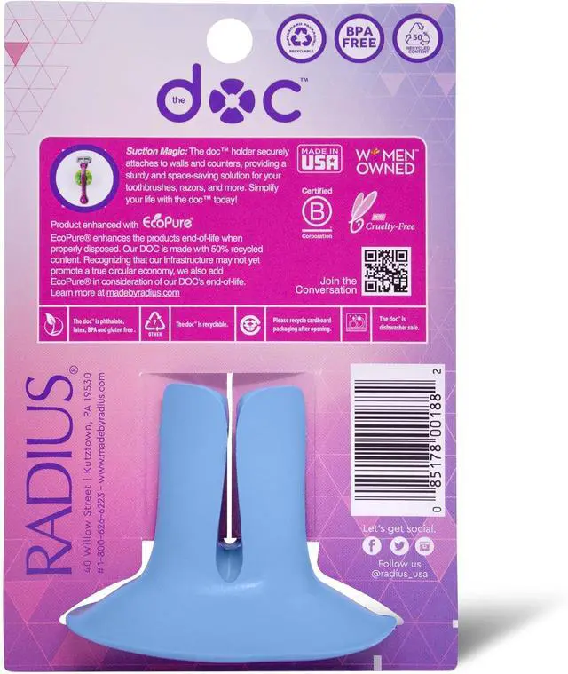 Alt view image 3 of 5 - Radius The DOC Toothbrush/Razor Holder Assorted Colors 1 Count, 100% Recyclable & Dishwasher Safe, BPA Free, Suction Holder -Blue