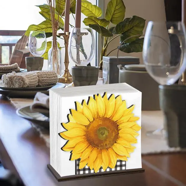 Alt view image 5 of 7 - Sunflower Wooden Napkin Holder for Table, Summer Yellow Sunflower Buffalo Plaid Tissue Dispenser Summer Sunflowers Decor for Kitchen Dining Room Coffee Station Home