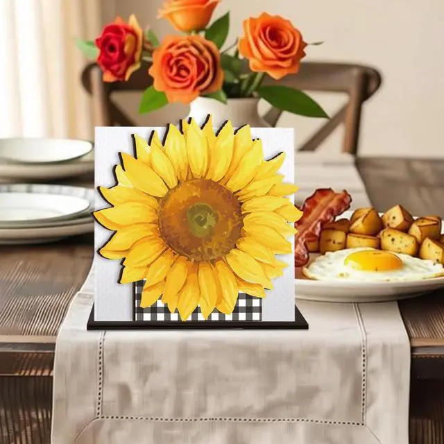 Alt view image 6 of 7 - Sunflower Wooden Napkin Holder for Table, Summer Yellow Sunflower Buffalo Plaid Tissue Dispenser Summer Sunflowers Decor for Kitchen Dining Room Coffee Station Home