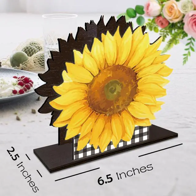 Alt view image 2 of 7 - Sunflower Wooden Napkin Holder for Table, Summer Yellow Sunflower Buffalo Plaid Tissue Dispenser Summer Sunflowers Decor for Kitchen Dining Room Coffee Station Home