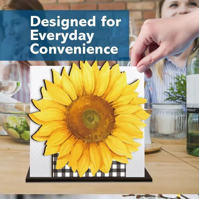 Alt view image 3 of 7 - Sunflower Wooden Napkin Holder for Table, Summer Yellow Sunflower Buffalo Plaid Tissue Dispenser Summer Sunflowers Decor for Kitchen Dining Room Coffee Station Home