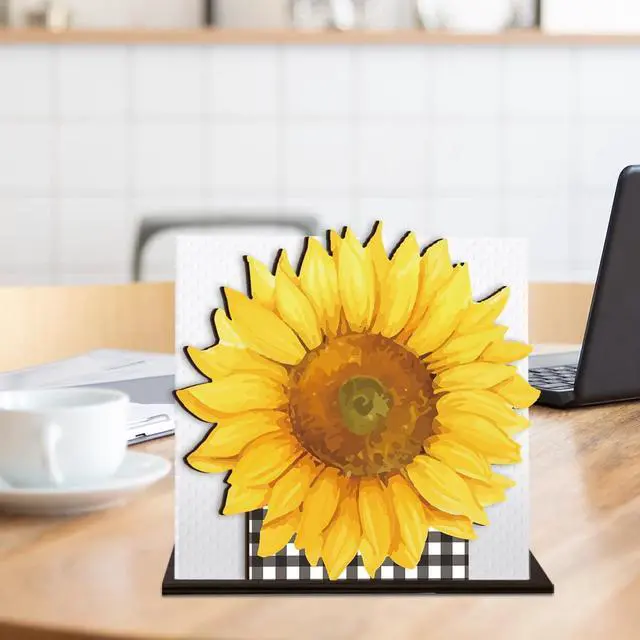 Alt view image 7 of 7 - Sunflower Wooden Napkin Holder for Table, Summer Yellow Sunflower Buffalo Plaid Tissue Dispenser Summer Sunflowers Decor for Kitchen Dining Room Coffee Station Home