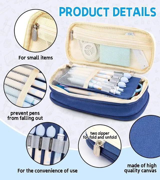 Alt view image 2 of 7 - Big Capacity Pencil Pen Case, Portable Pencil Bag Pouch with Zipper,Navy Blue