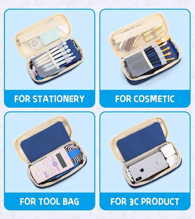 Alt view image 3 of 7 - Big Capacity Pencil Pen Case, Portable Pencil Bag Pouch with Zipper,Navy Blue