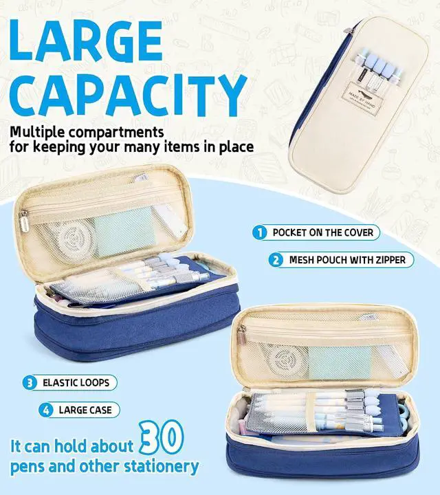 Alt view image 6 of 7 - Big Capacity Pencil Pen Case, Portable Pencil Bag Pouch with Zipper,Navy Blue