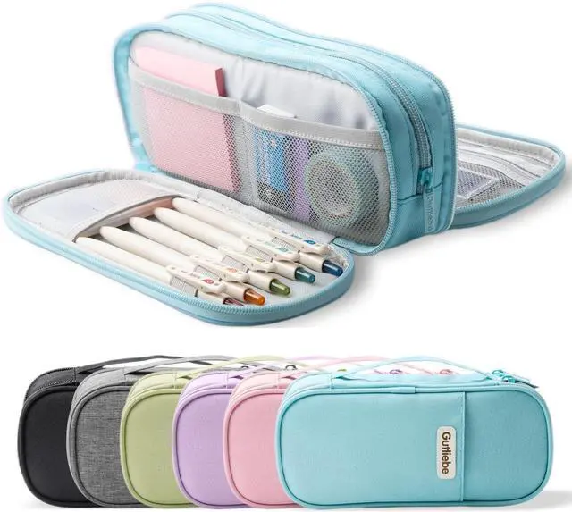 Main image of Large Pencil Case, Big Capacity Pencil Pouch with 4 Compartments, Multiple Pockets, Portable Handle Pencil Bag with Zipper, Organizer for Office College Student Teen Girls Boys (Light Blue)