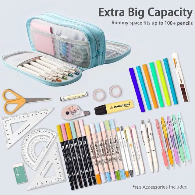 Alt view image 3 of 7 - Large Pencil Case, Big Capacity Pencil Pouch with 4 Compartments, Multiple Pockets, Portable Handle Pencil Bag with Zipper, Organizer for Office College Student Teen Girls Boys (Light Blue)