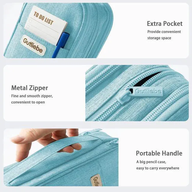 Alt view image 4 of 7 - Large Pencil Case, Big Capacity Pencil Pouch with 4 Compartments, Multiple Pockets, Portable Handle Pencil Bag with Zipper, Organizer for Office College Student Teen Girls Boys (Light Blue)