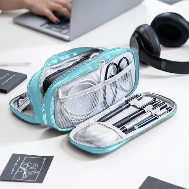 Alt view image 5 of 7 - Large Pencil Case, Big Capacity Pencil Pouch with 4 Compartments, Multiple Pockets, Portable Handle Pencil Bag with Zipper, Organizer for Office College Student Teen Girls Boys (Light Blue)