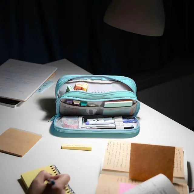 Alt view image 6 of 7 - Large Pencil Case, Big Capacity Pencil Pouch with 4 Compartments, Multiple Pockets, Portable Handle Pencil Bag with Zipper, Organizer for Office College Student Teen Girls Boys (Light Blue)