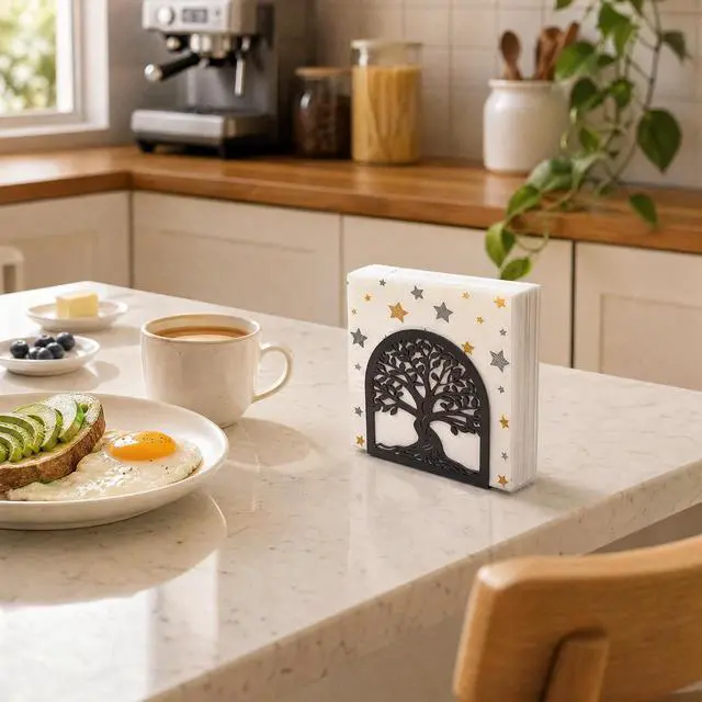 Alt view image 2 of 7 - Napkin Holder for Table, Tree of Life Decorative Metal Napkin Dispenser for Kitchen Dining, Countertop, Coffee Bar Tabletop Decor, Restaurant and Outdoor Use, Black