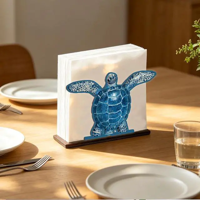Alt view image 2 of 6 - Sea Turtle Napkin Holder for Table - Wooden Coastal Decor - Ocean Theme Tissue Holder for Kitchen Dining Room Restaurant Tissue Dispenser
