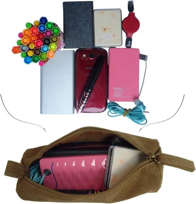 Alt view image 5 of 7 - Heavy Canvas Stationery Portable Compact Simple Zipper Pencil Case and Durable Small Medicine Bag 1 Pack Khaki