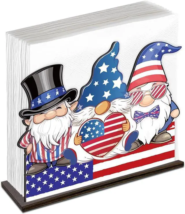Main image of Patriotic Gnomes Wooden Napkin Holder, Rustic 4th of July American Flag Tissue Dispenser Decor for Table Kitchen Dining Room Coffee Station Home