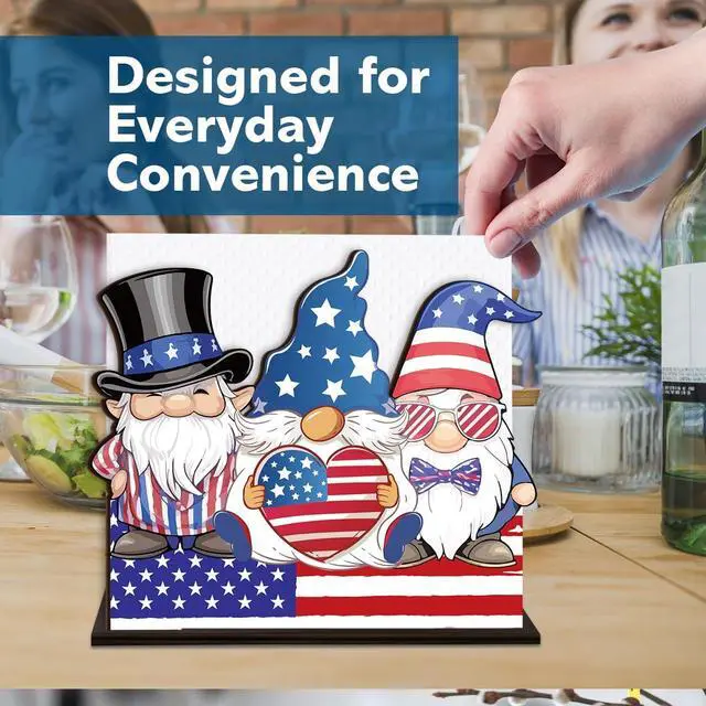 Alt view image 3 of 7 - Patriotic Gnomes Wooden Napkin Holder, Rustic 4th of July American Flag Tissue Dispenser Decor for Table Kitchen Dining Room Coffee Station Home