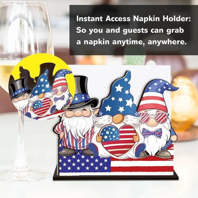 Alt view image 4 of 7 - Patriotic Gnomes Wooden Napkin Holder, Rustic 4th of July American Flag Tissue Dispenser Decor for Table Kitchen Dining Room Coffee Station Home