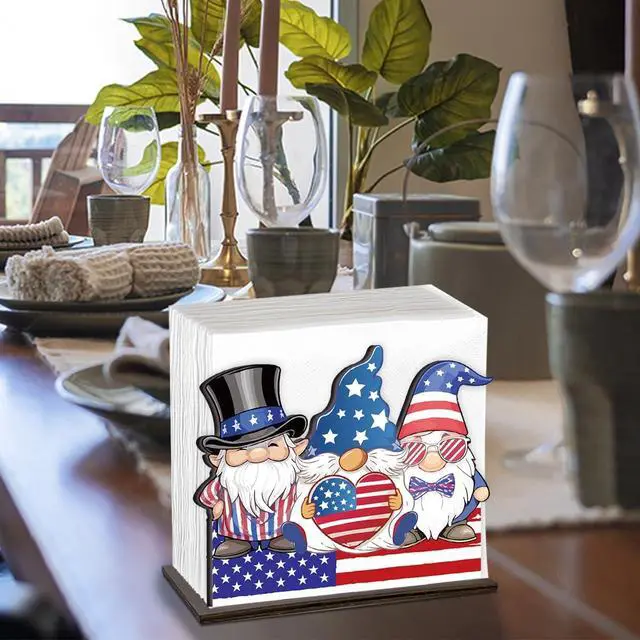 Alt view image 5 of 7 - Patriotic Gnomes Wooden Napkin Holder, Rustic 4th of July American Flag Tissue Dispenser Decor for Table Kitchen Dining Room Coffee Station Home