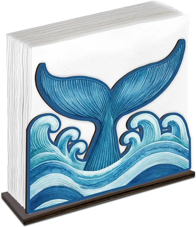 Main image of Whale Tail Napkin Holder for Table - Summer Coastal Decor - Ocean Waves Wooden Tissue Holder for Kitchen Dining Home Room