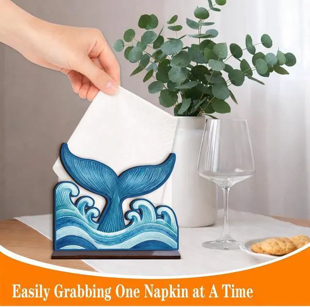 Alt view image 3 of 6 - Whale Tail Napkin Holder for Table - Summer Coastal Decor - Ocean Waves Wooden Tissue Holder for Kitchen Dining Home Room