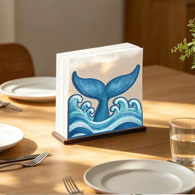 Alt view image 2 of 6 - Whale Tail Napkin Holder for Table - Summer Coastal Decor - Ocean Waves Wooden Tissue Holder for Kitchen Dining Home Room