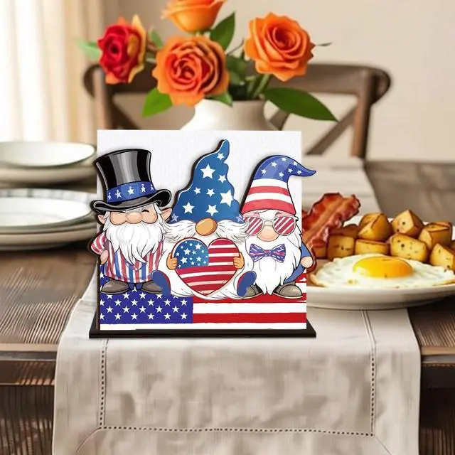 Alt view image 6 of 7 - Patriotic Gnomes Wooden Napkin Holder, Rustic 4th of July American Flag Tissue Dispenser Decor for Table Kitchen Dining Room Coffee Station Home