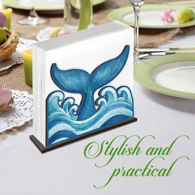 Alt view image 5 of 6 - Whale Tail Napkin Holder for Table - Summer Coastal Decor - Ocean Waves Wooden Tissue Holder for Kitchen Dining Home Room