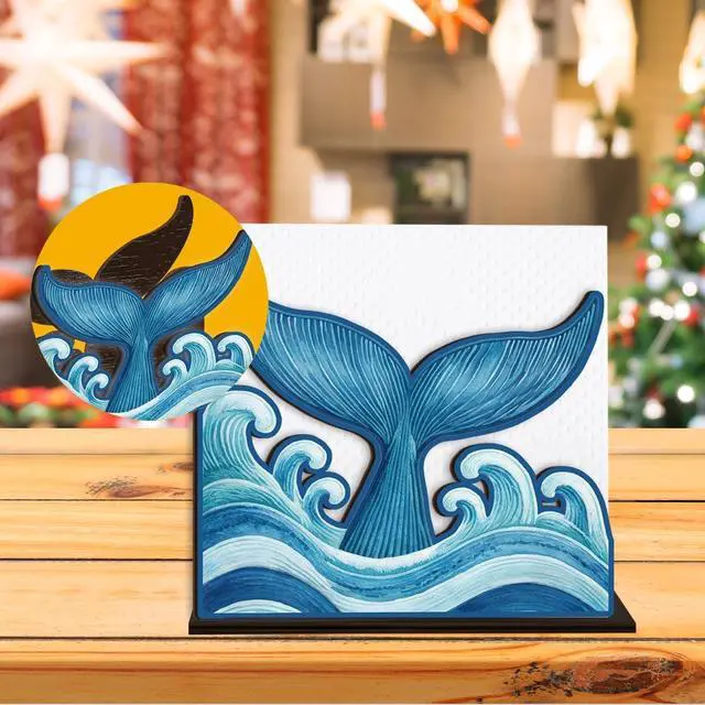 Alt view image 6 of 6 - Whale Tail Napkin Holder for Table - Summer Coastal Decor - Ocean Waves Wooden Tissue Holder for Kitchen Dining Home Room