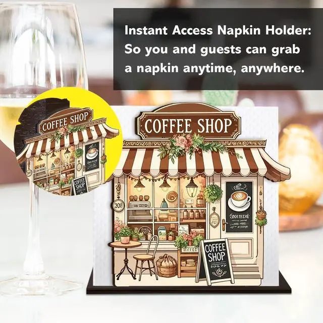 Alt view image 4 of 7 - Coffee Wooden Napkin Holder, Coffee Shop Tissue Dispenser, Rustic Cafe Party Decor for Table Kitchen Dining Room