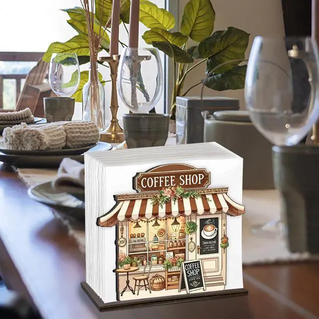Alt view image 5 of 7 - Coffee Wooden Napkin Holder, Coffee Shop Tissue Dispenser, Rustic Cafe Party Decor for Table Kitchen Dining Room
