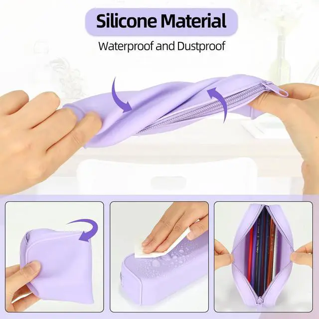 Alt view image 3 of 7 - Scartink Silicone Zipper Pencil Bag, Waterproof Pencil Bag, Multifunctional Large-Capacity Storage Bag, Silicone Pencil Pouch Suitable for School Supplies, Cosmetics (Purple)