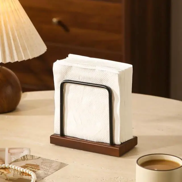 Alt view image 2 of 7 - Napkin Holder with Wooden Base and Black Metal Frame, Modern Style for Dining Table (rectangle)