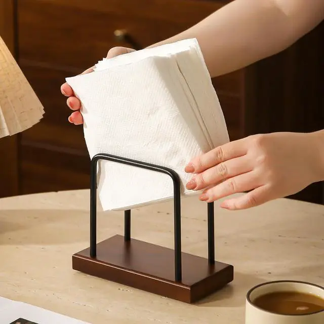 Alt view image 4 of 7 - Napkin Holder with Wooden Base and Black Metal Frame, Modern Style for Dining Table (rectangle)