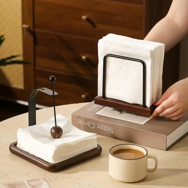 Alt view image 6 of 7 - Napkin Holder with Wooden Base and Black Metal Frame, Modern Style for Dining Table (rectangle)