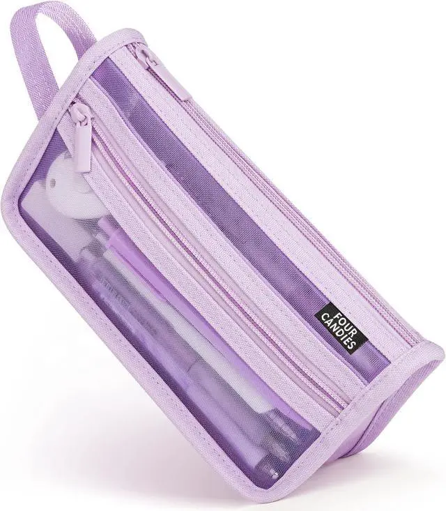 Main image of Four Candies Grid Mesh Pencil Case, Clear Double-layer with Handle (Purple) | Smooth Zipper, Transparent Pencil Pouch, Cute Back to School Stationary, Makeup Bag, Travel Friendly, for Office College