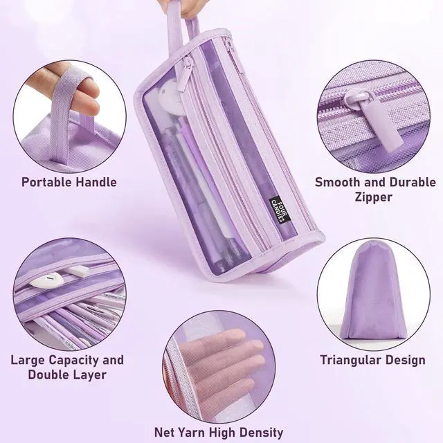 Alt view image 2 of 7 - Four Candies Grid Mesh Pencil Case, Clear Double-layer with Handle (Purple) | Smooth Zipper, Transparent Pencil Pouch, Cute Back to School Stationary, Makeup Bag, Travel Friendly, for Office College