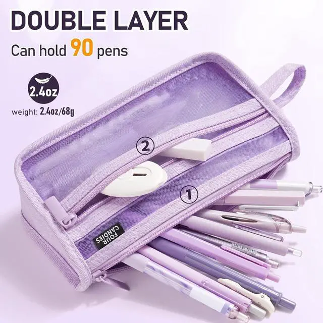 Alt view image 3 of 7 - Four Candies Grid Mesh Pencil Case, Clear Double-layer with Handle (Purple) | Smooth Zipper, Transparent Pencil Pouch, Cute Back to School Stationary, Makeup Bag, Travel Friendly, for Office College