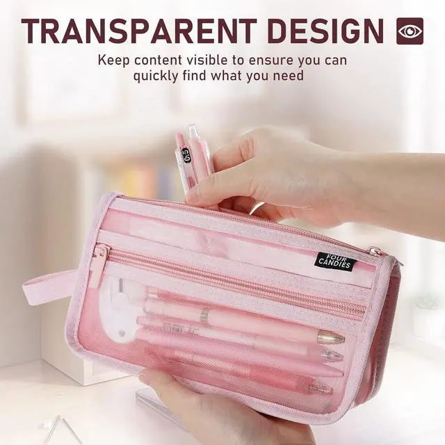 Alt view image 4 of 7 - Four Candies Grid Mesh Pencil Case, Clear Double-layer with Handle (Purple) | Smooth Zipper, Transparent Pencil Pouch, Cute Back to School Stationary, Makeup Bag, Travel Friendly, for Office College