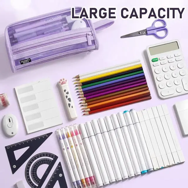 Alt view image 5 of 7 - Four Candies Grid Mesh Pencil Case, Clear Double-layer with Handle (Purple) | Smooth Zipper, Transparent Pencil Pouch, Cute Back to School Stationary, Makeup Bag, Travel Friendly, for Office College