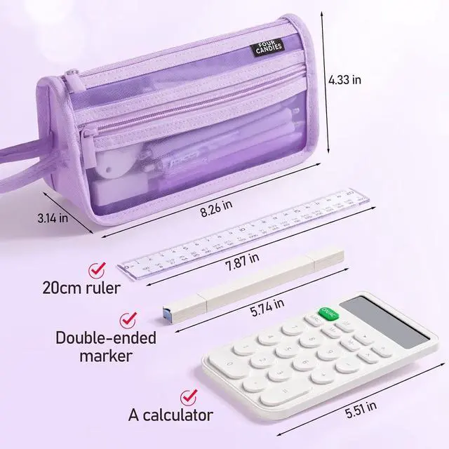 Alt view image 6 of 7 - Four Candies Grid Mesh Pencil Case, Clear Double-layer with Handle (Purple) | Smooth Zipper, Transparent Pencil Pouch, Cute Back to School Stationary, Makeup Bag, Travel Friendly, for Office College