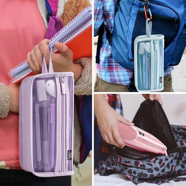 Alt view image 7 of 7 - Four Candies Grid Mesh Pencil Case, Clear Double-layer with Handle (Purple) | Smooth Zipper, Transparent Pencil Pouch, Cute Back to School Stationary, Makeup Bag, Travel Friendly, for Office College