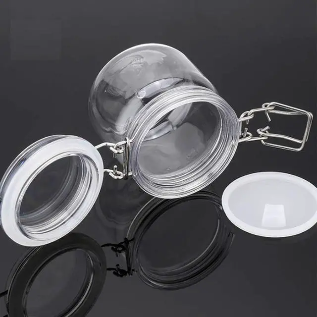 Alt view image 2 of 5 - 2Pcs 10 Oz/300ml Clear Round Plastic Home Kitchen Storage Sealed Jar Bottles with Leak Proof Rubber and Hinged Lid for Herbs, Spices, Candy, Gift, Arts and Crafts Storage Multi-purpose Container