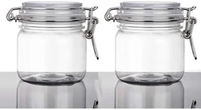 Alt view image 4 of 5 - 2Pcs 10 Oz/300ml Clear Round Plastic Home Kitchen Storage Sealed Jar Bottles with Leak Proof Rubber and Hinged Lid for Herbs, Spices, Candy, Gift, Arts and Crafts Storage Multi-purpose Container