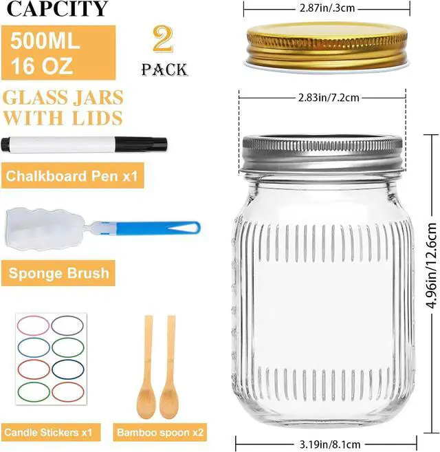 Alt view image 2 of 7 - 16 oz Wide Mouth Mason Jars 2 Pack,Glass Jars with Lids | DIY Crafts for Food Storage,Overnight Oats,Meal Prep Salad,Jam Jelly,with Sponge Brush, Labels & Marker