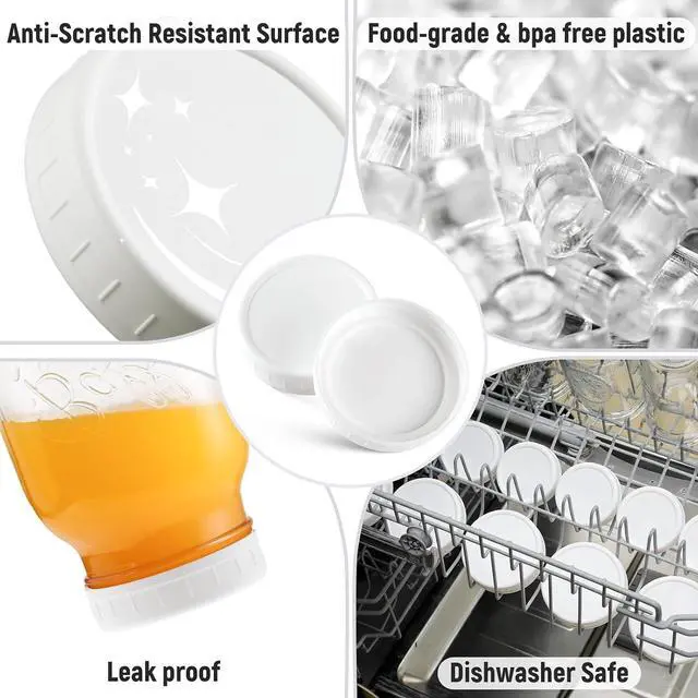 Alt view image 3 of 7 - AOZITA 10 Pack REGULAR Mouth Mason Jar Lids for Ball, Kerr and More - White Plastic Storage Caps for Mason/Canning Jars - Leak-Proof, Dishwasher Safe & Food Grade