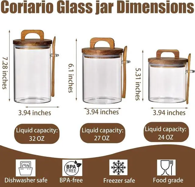 Alt view image 2 of 6 - Coriario 24 OZ Glass Jar with Wooden Lid and Spoon Airtight Glass Sugar Container Wide Mouth Clear Glass Coffee Storage Canister for Food Tea